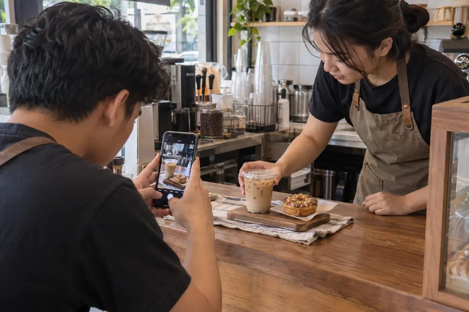 Dua staf menyiapkan foto minuman dan kue dengan ponsel di konter kafe.